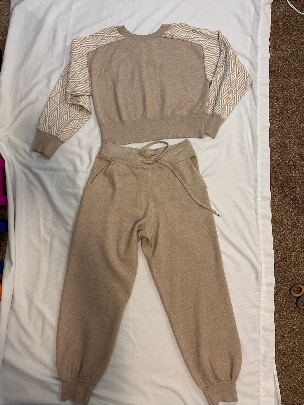 Cynthia Rowley Neutral Beige Knit Jogger Set with Patterned Sleeves